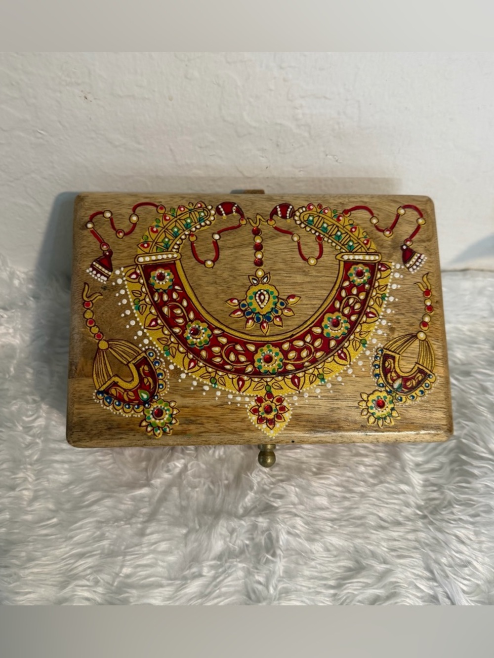 Hand-Painted Wooden Jewelry Organizer Box in Natural Wood and Red